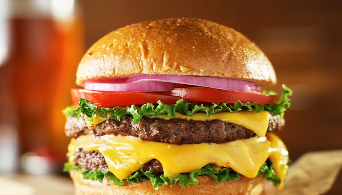 Custom blend of ribeye, strip and tenderloin steak makes the perfect open flame grilled burgers at Samuel's Roadhouse restaurant in Crestview, Florida.